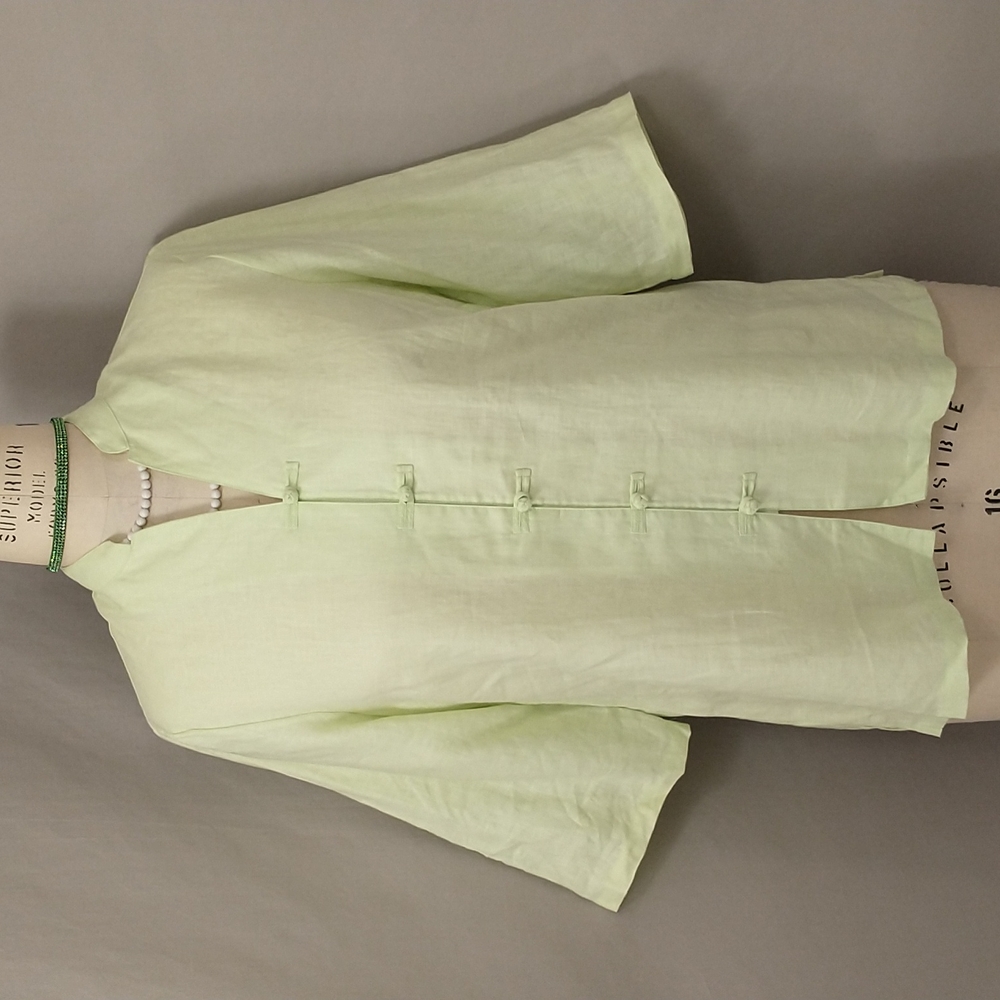Pale Lime Green 100% Linen Tunic Band Collar & Knot Buttons Pastel Blouse Top